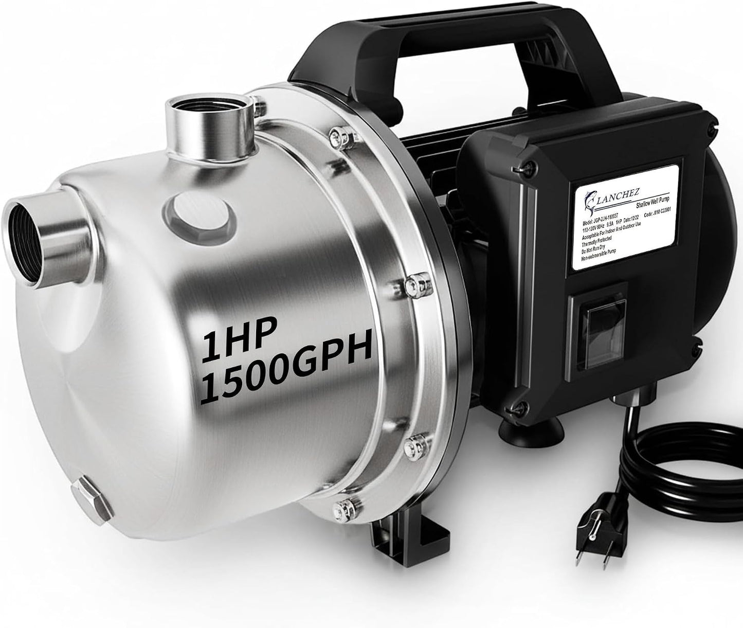 LANCHEZ 1/2 HP Shallow Well Pump, 960 GPH Stainless Steel Water Transfer Pump, 115V Garden Irrigation Pump, Water Booster Jet Pump for Home Garden Lawn Farm, Black