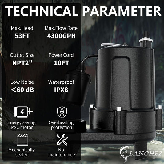 LANCHEZ 1.5 HP 53FT Submersible Sewage Pump, 4300 GPH Heavy Duty Cast Iron Effluent Pump with Automatic Tethered Float Switch, Sump Pump for Sump Basin, Basement, Residential, 2" NPT Discharge, Black