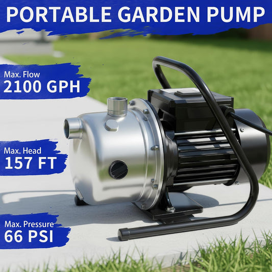 LANCHEZ 1.2 HP Shallow Well Pump, 2100 GPH Stainless Steel Garden Irrigation Pump, 115V Water Transfer Pump, Water Booster Jet Pump for Home Garden Lawn Farm, Black silver