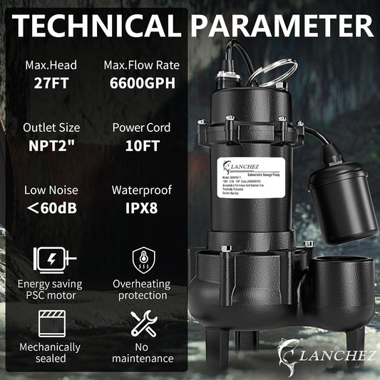 LANCHEZ 1HP 6600 GPH Submersible Sewage Pump, Heavy Duty Cast Iron Effluent Pump with Automatic Tethered Float Switch, Sump Pump for Sump Basin, Basement, Residential, 2" NPT Discharge