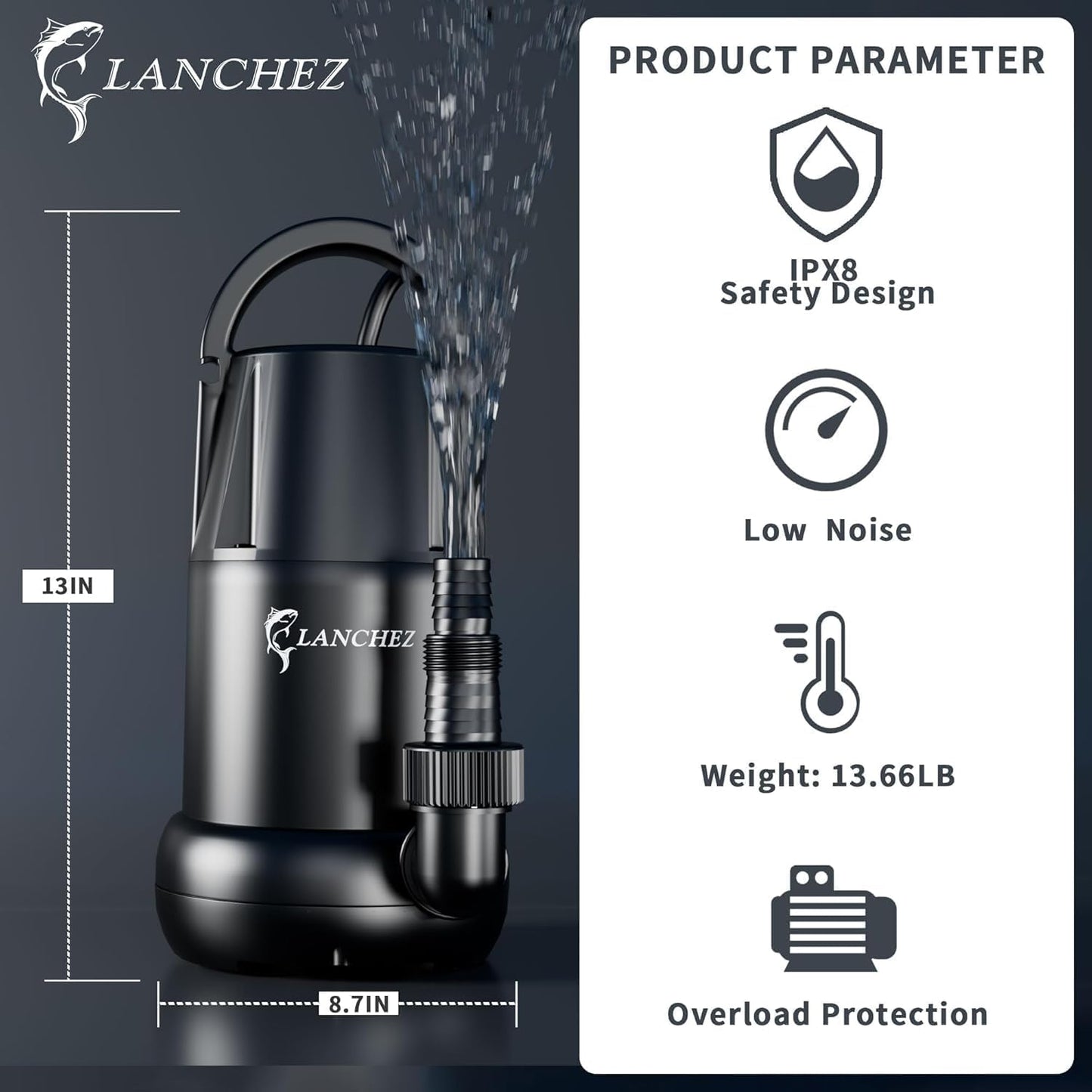 LANCHEZ Sump Pump 1 HP 4700 GPH Submersible Water Pump Thermoplastic Portable Utility Pump High Flow Water Removal for Swimming Pool Garden Pond Basement Window Wells with 25FT Long Power Cord