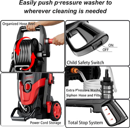 2026Upgraded Pressure Washer 4800PSI w/4 Quick Connect Nozzles, Inlet Hose & Filter&500ML Soap Tank, High Cleaning Machine for Cars/Fences/Driveways/Patios/Home Cleaning,Red