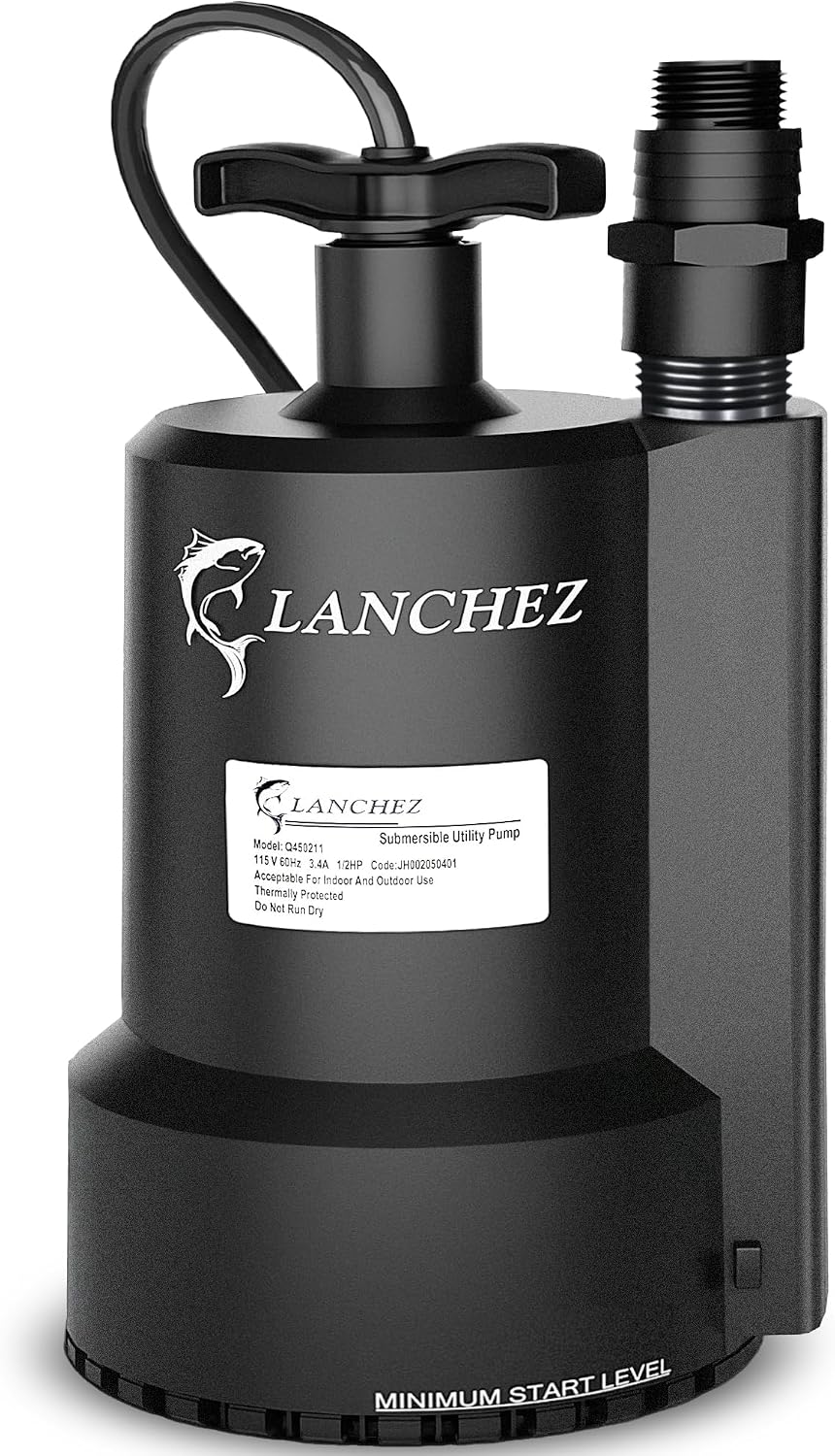 Lanchez Sump Pump, 1/2 HP 2450GPH Submersible Water Pump, Utility Pump Thermoplastic Portable Electric Transfer Pump for Hot Tub Swimming Pool Basement Garden Pond Tubs Draining with 10FT Cord