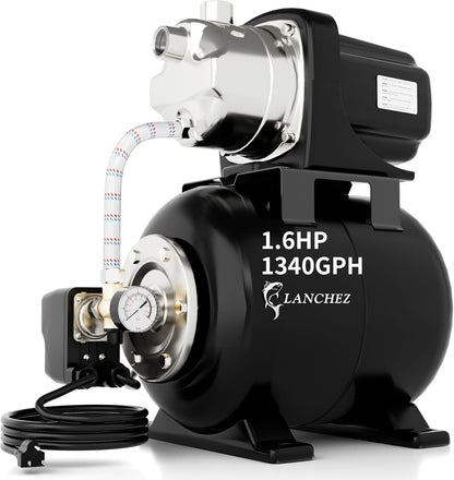 Lanchez 1.6HP Shallow Well Garden Pump, Stainless Steel Irrigation Pump, 1340 GPH, Automatic Water Booster Jet Pump for Home, Garden, Lawn,Irrigation, 115V, Glossy black