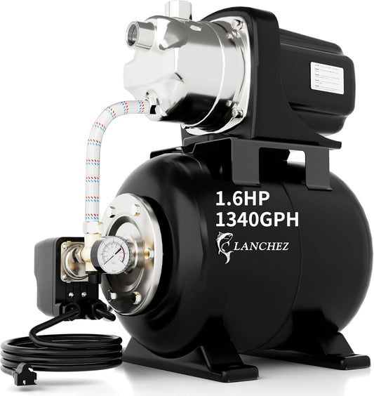 Lanchez 1.6HP Shallow Well Garden Pump, Stainless Steel Irrigation Pump, 1340 GPH, Automatic Water Booster Jet Pump for Home, Garden, Lawn,Irrigation, 115V, Glossy black