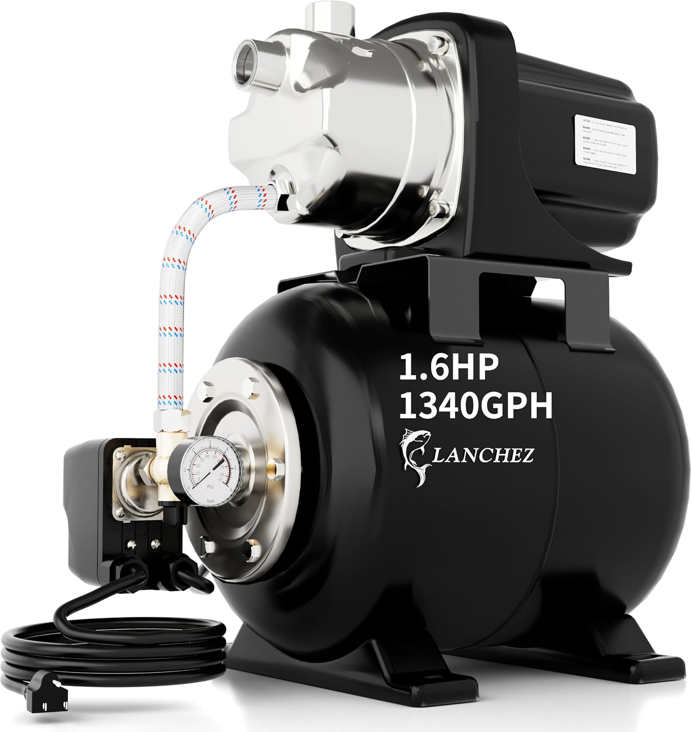 Lanchez 1.6HP Shallow Well Garden Pump, Stainless Steel Irrigation Pump, 1340 GPH, Automatic Water Booster Jet Pump for Home, Garden, Lawn,Irrigation, 115V, Matte black