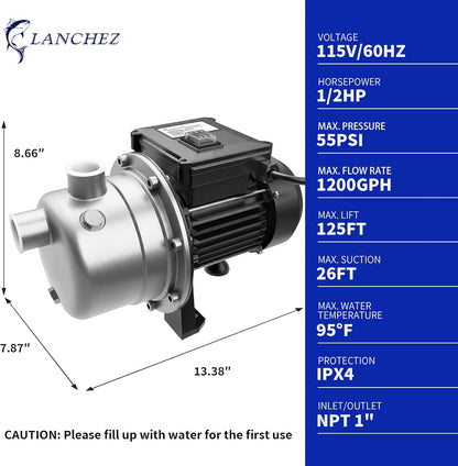 LANCHEZ 1/2 HP Shallow Well Pump, 960 GPH Stainless Steel Water Transfer Pump, 115V Garden Irrigation Pump, Water Booster Jet Pump for Home Garden Lawn Farm, Black