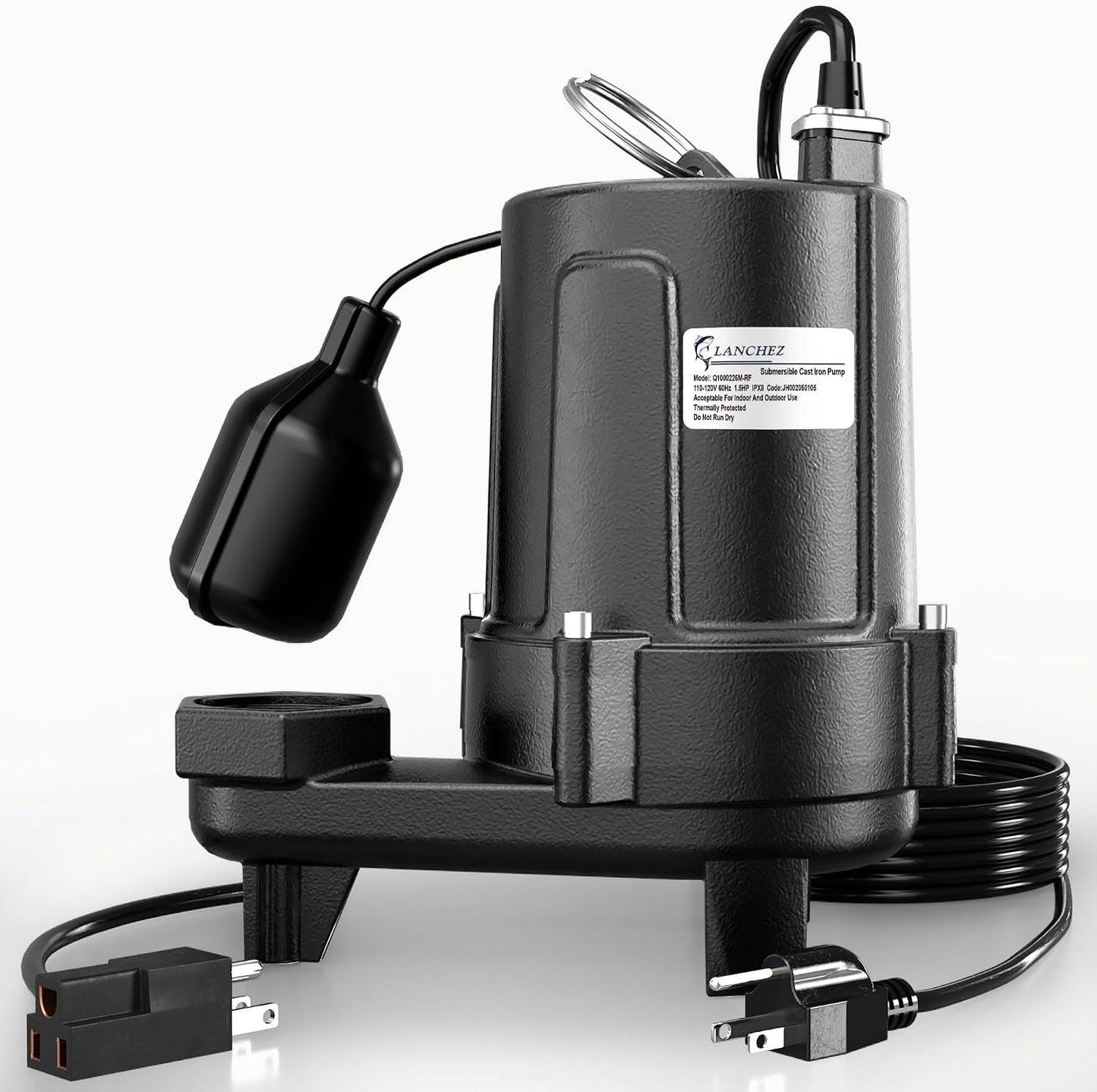 LANCHEZ 1.5 HP 53FT Submersible Sewage Pump, 4300 GPH Heavy Duty Cast Iron Effluent Pump with Automatic Tethered Float Switch, Sump Pump for Sump Basin, Basement, Residential, 2" NPT Discharge, Black