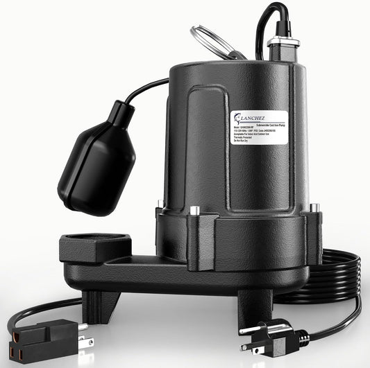LANCHEZ 1.5 HP 53FT Submersible Sewage Pump, 4300 GPH Heavy Duty Cast Iron Effluent Pump with Automatic Tethered Float Switch, Sump Pump for Sump Basin, Basement, Residential, 2" NPT Discharge, Black