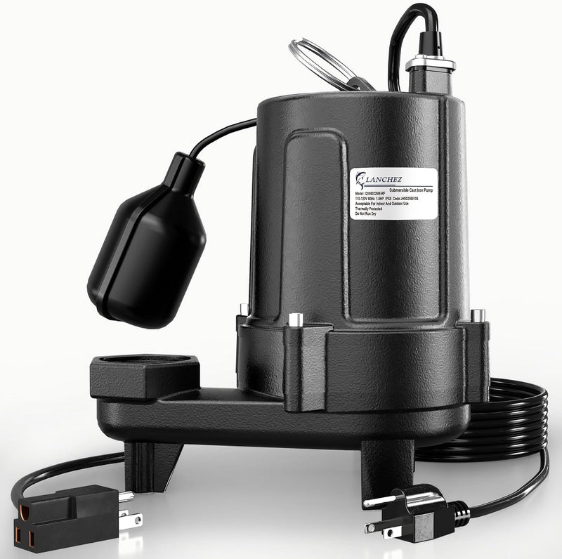 LANCHEZ 1.5 HP 53FT Submersible Sewage Pump, 4300 GPH Heavy Duty Cast Iron Effluent Pump with Automatic Tethered Float Switch, Sump Pump for Sump Basin, Basement, Residential, 2" NPT Discharge, Black