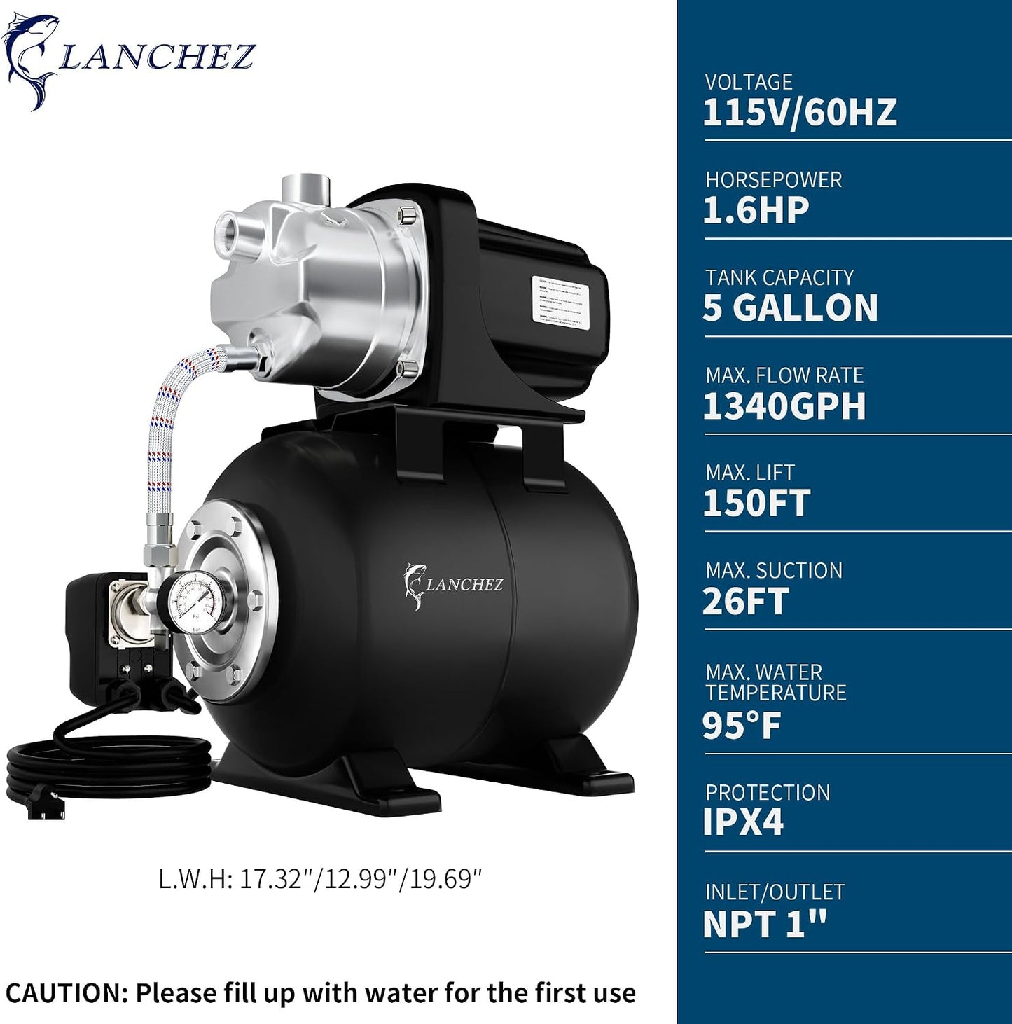 Lanchez 1.6HP Shallow Well Garden Pump, Stainless Steel Irrigation Pump, 1340 GPH, Automatic Water Booster Jet Pump for Home, Garden, Lawn,Irrigation, 115V, Matte black