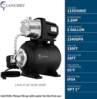 Lanchez 1.6HP Shallow Well Garden Pump, Stainless Steel Irrigation Pump, 1340 GPH, Automatic Water Booster Jet Pump for Home, Garden, Lawn,Irrigation, 115V, Matte black