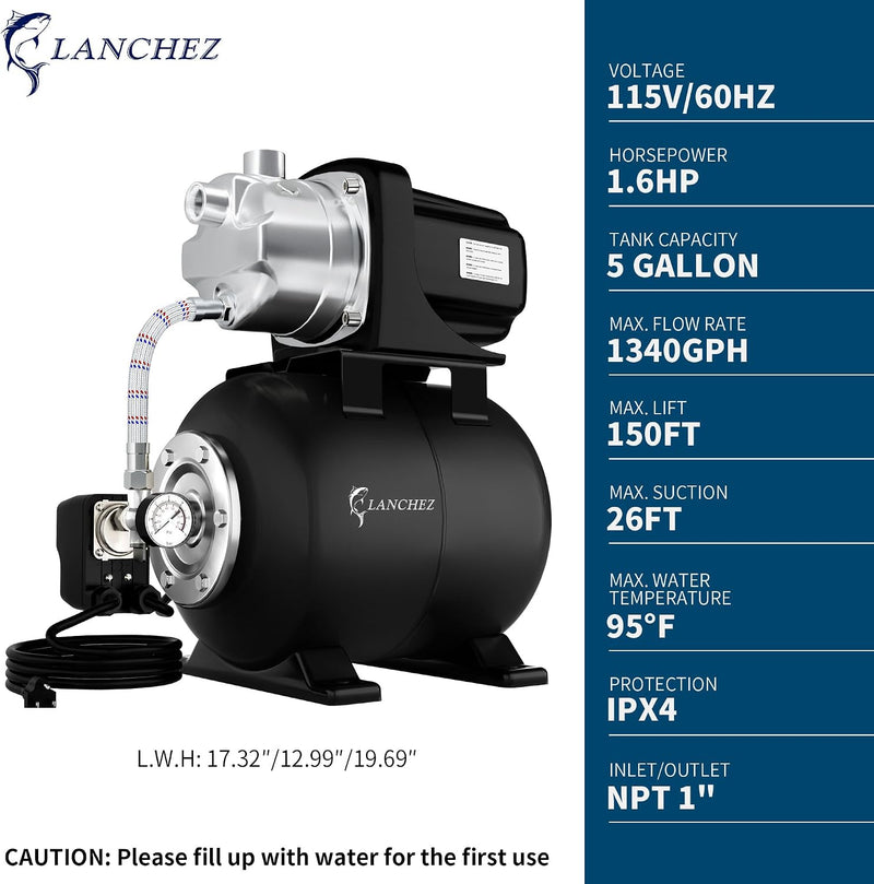 Lanchez 1.6HP Shallow Well Garden Pump, Stainless Steel Irrigation Pump, 1340 GPH, Automatic Water Booster Jet Pump for Home, Garden, Lawn,Irrigation, 115V, Matte black