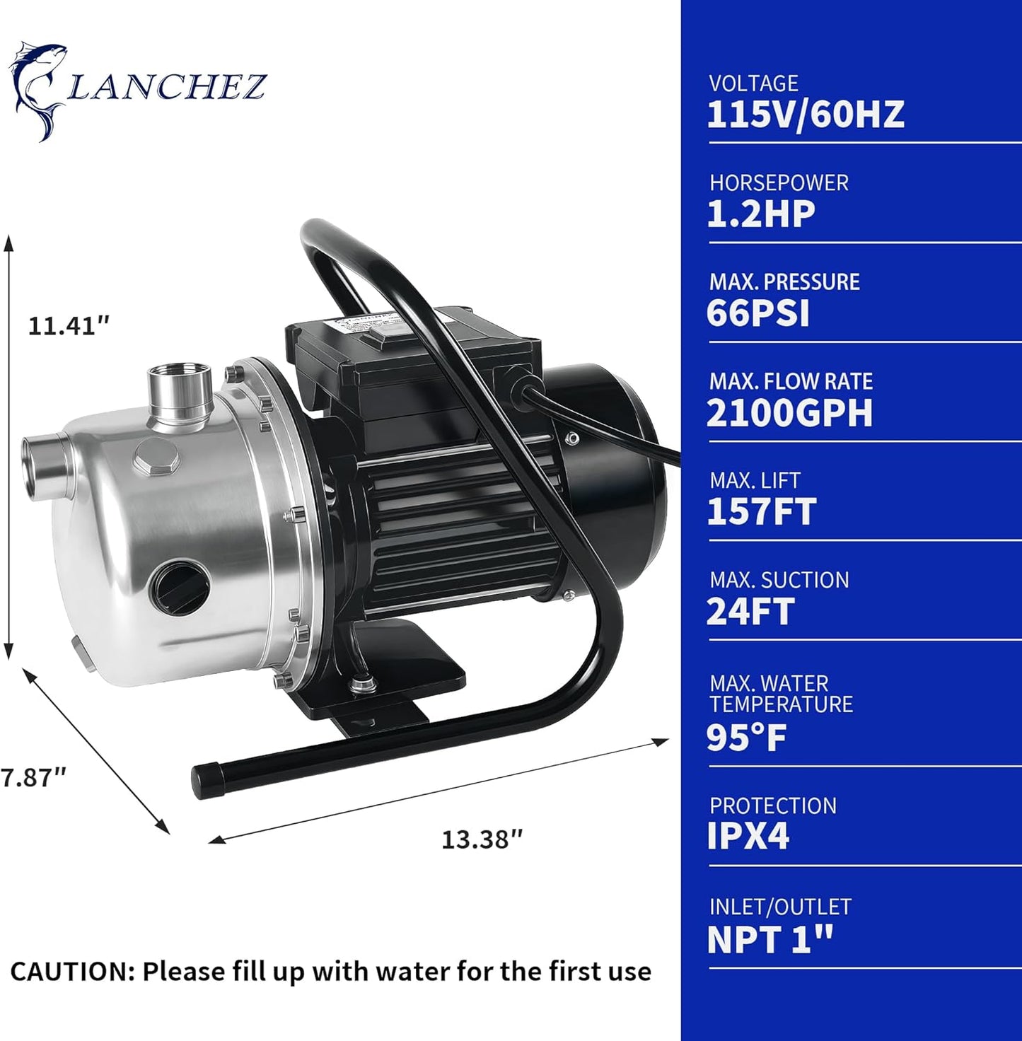 LANCHEZ 1.2 HP Shallow Well Pump, 2100 GPH Stainless Steel Garden Irrigation Pump, 115V Water Transfer Pump, Water Booster Jet Pump for Home Garden Lawn Farm, Black silver