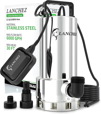 LANCHEZ Sump Pump, 1.6HP High Flow Submersible Water Pump with Float Switch, 6000GPH Automatic Transfer Utility Pump Pump for Swimming Pool Basement Flooded Pit Sewage Sink Tub, Stainless Steel Large