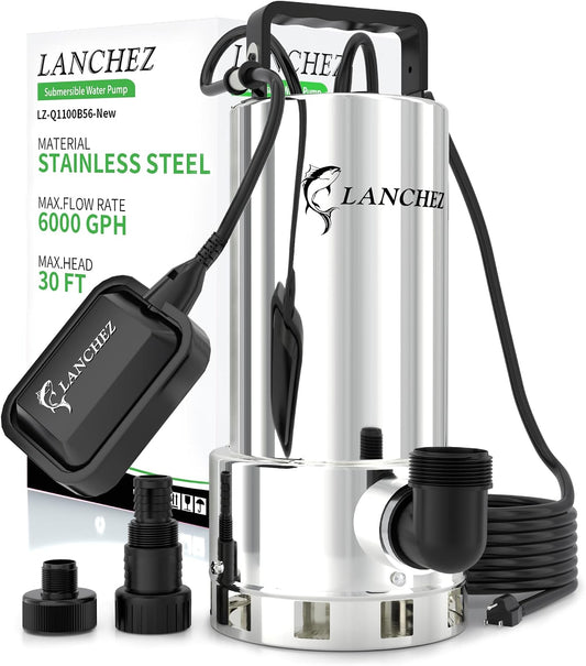 LANCHEZ Sump Pump, 1.6HP High Flow Submersible Water Pump with Float Switch, 6000GPH Automatic Transfer Utility Pump Pump for Swimming Pool Basement Flooded Pit Sewage Sink Tub, Stainless Steel Large