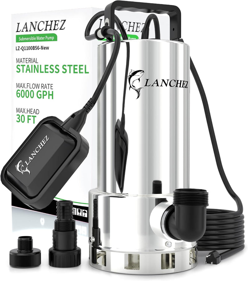 LANCHEZ Sump Pump, 1.6HP High Flow Submersible Water Pump with Float Switch, 6000GPH Automatic Transfer Utility Pump Pump for Swimming Pool Basement Flooded Pit Sewage Sink Tub, Stainless Steel Large