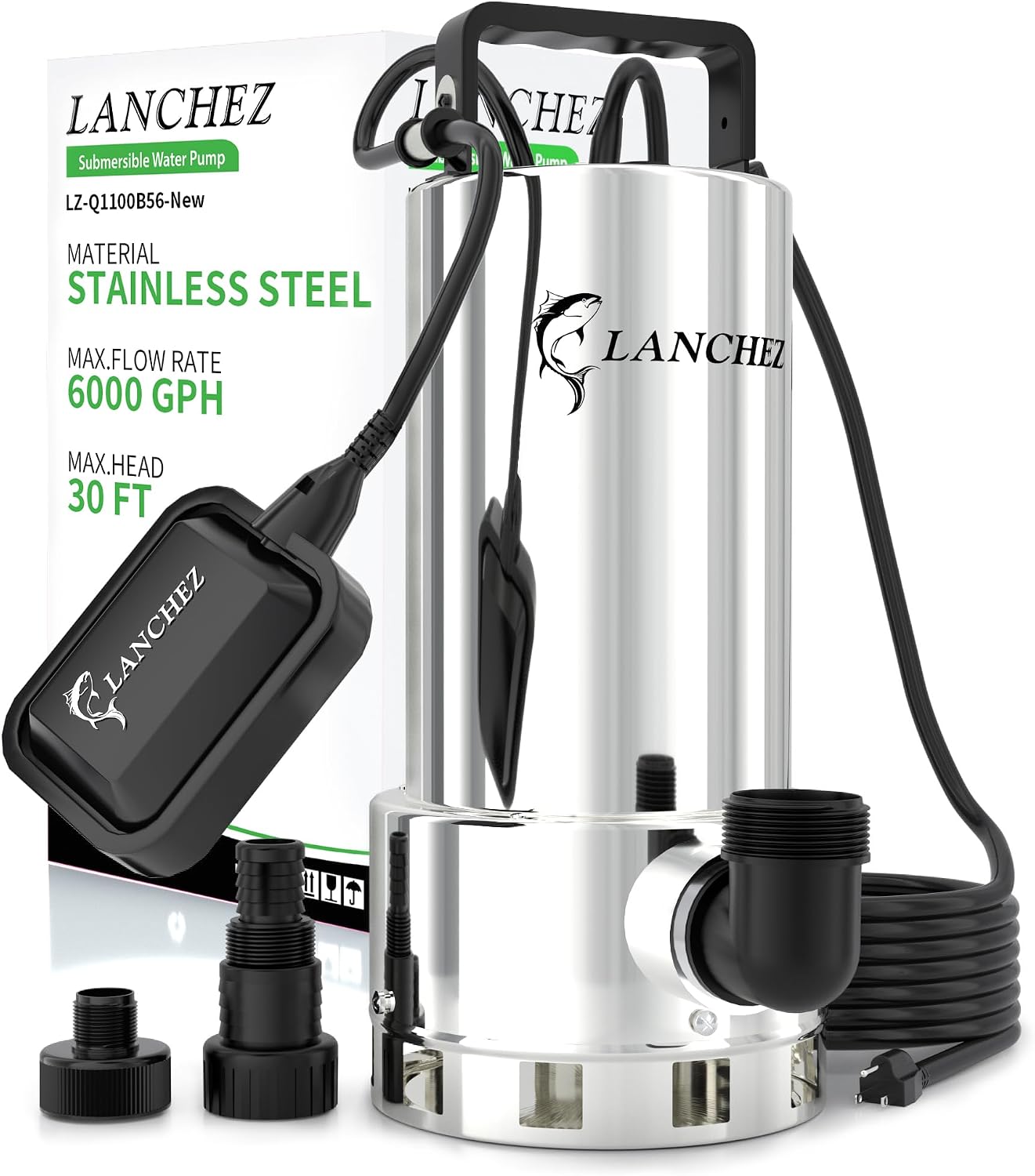 LANCHEZ Sump Pump, 1.6HP High Flow Submersible Water Pump with Float Switch, 6000GPH Automatic Transfer Utility Pump Pump for Swimming Pool Basement Flooded Pit Sewage Sink Tub, Stainless Steel Large
