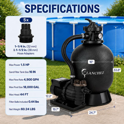 LANCHEZ Sand Filter with Pool Pump, Above Ground Pool Pump, 7-Way Valve Sand Filter Pump System, 16"(4,900GPH)