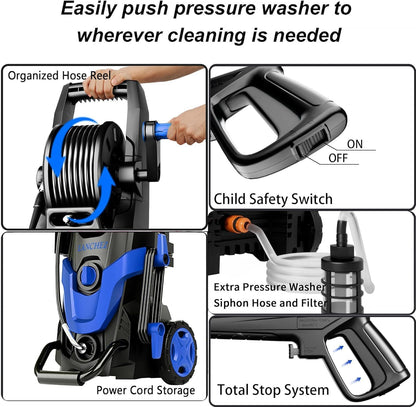2026Upgraded Pressure Washer 4800PSI w/4 Quick Connect Nozzles, Inlet Hose & Filter&500ML Soap Tank, High Cleaning Machine for Cars/Fences/Driveways/Patios/Home Cleaning,Blue