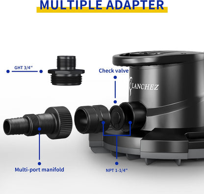 LANCHEZ 1/2HP Automatic Swimming Pool Cover Pump, 2250GPH Submersible Water Sump Pump with Check Valve & 3 Adapters, 25ft Power Cord, Removal for Swimming Pool, Hot Tubs, Rooftops and more,Black