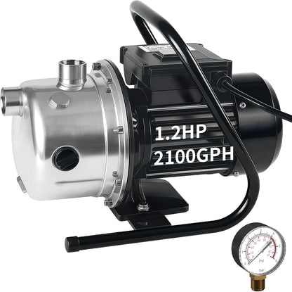 LANCHEZ 1.6 HP Shallow Well Pump, 1500 GPH Stainless Steel Water Transfer Pump, 115V Garden Irrigation Pump, Water Booster Jet Pump for Home Garden Lawn Farm, Silver