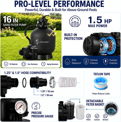 LANCHEZ Sand Filter with Pool Pump, Above Ground Pool Pump, 7-Way Valve Sand Filter Pump System, 16"(4,900GPH)