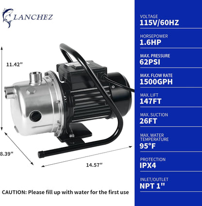 LANCHEZ 1.6 HP Shallow Well Pump, 1500 GPH Stainless Steel Water Transfer Pump, 115V Garden Irrigation Pump, Water Booster Jet Pump for Home Garden Lawn Farm, Silver
