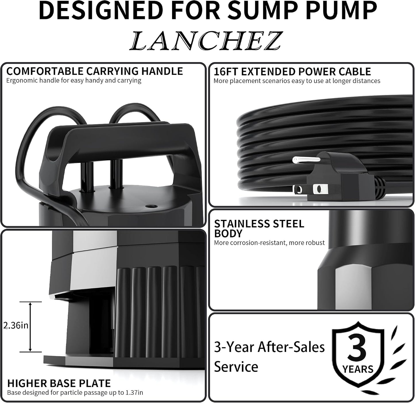 LANCHEZ Sump Pump, 1.6HP High Flow Submersible Water Pump with Float Switch, 6000GPH Automatic Transfer Utility Pump Pump for Swimming Pool Basement Flooded Pit Sewage Sink Tub, Medium