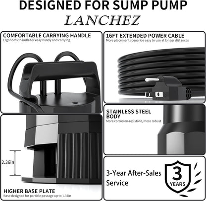 LANCHEZ Sump Pump, 1.6HP High Flow Submersible Water Pump with Float Switch, 6000GPH Automatic Transfer Utility Pump Pump for Swimming Pool Basement Flooded Pit Sewage Sink Tub, Medium