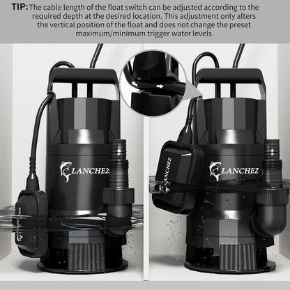 LANCHEZ Sump Pump, 1.6HP High Flow Submersible Water Pump with Float Switch, 6000GPH Automatic Transfer Utility Pump Pump for Swimming Pool Basement Flooded Pit Sewage Sink Tub, Medium