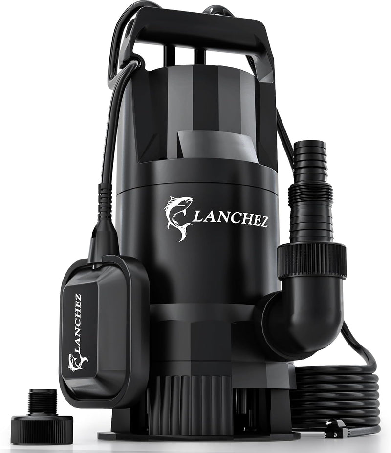 LANCHEZ Sump Pump, 1.6HP High Flow Submersible Water Pump with Float Switch, 6000GPH Automatic Transfer Utility Pump Pump for Swimming Pool Basement Flooded Pit Sewage Sink Tub, Stainless Steel Large