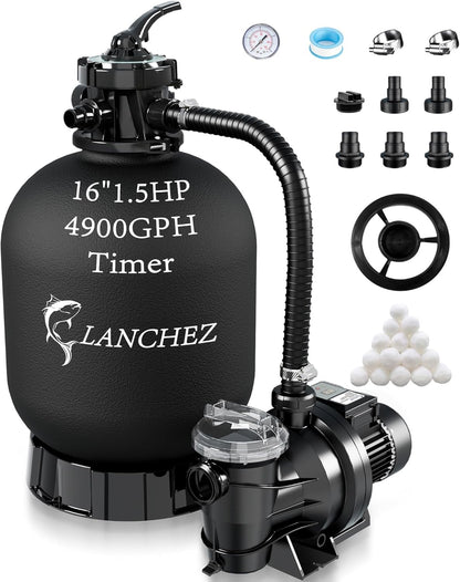 LANCHEZ Sand Filter with Pool Pump, Above Ground Pool Pump, 7-Way Valve Sand Filter Pump System, 16"(4,900GPH)