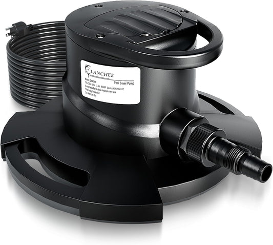 LANCHEZ 1/2HP Automatic Swimming Pool Cover Pump, 2250GPH Submersible Water Sump Pump with Check Valve & 3 Adapters, 25ft Power Cord, Removal for Swimming Pool, Hot Tubs, Rooftops and more,Black