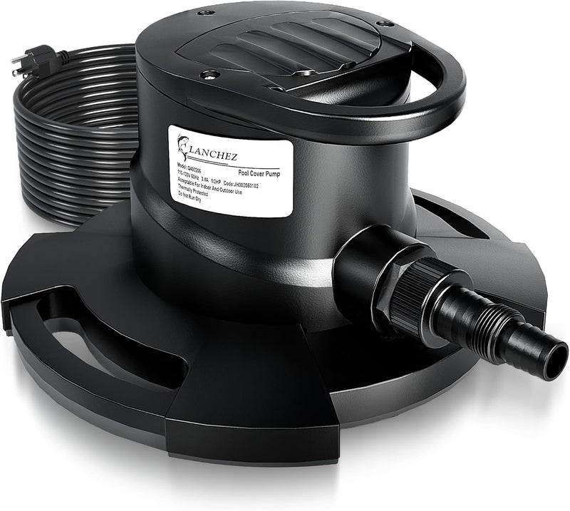 LANCHEZ 1/2HP Automatic Swimming Pool Cover Pump, 2250GPH Submersible Water Sump Pump with Check Valve & 3 Adapters, 25ft Power Cord, Removal for Swimming Pool, Hot Tubs, Rooftops and more,Black