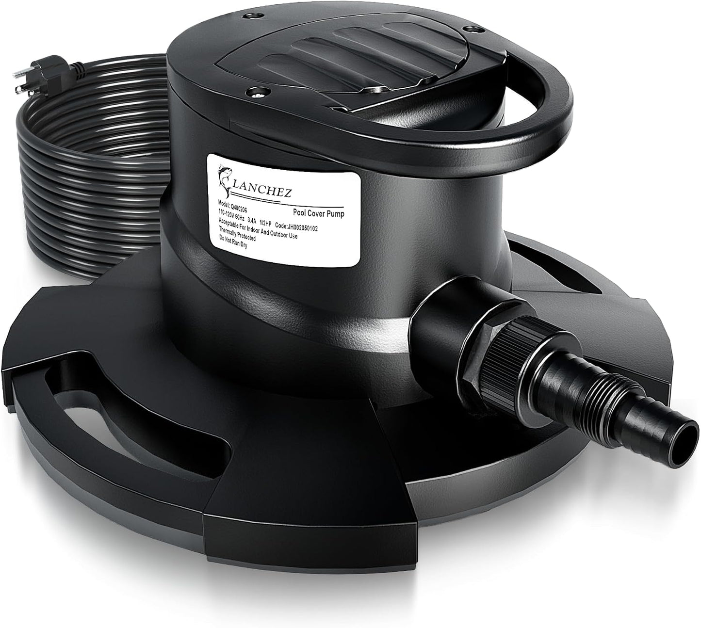 LANCHEZ 1/2HP Automatic Swimming Pool Cover Pump, 2250GPH Submersible Water Sump Pump with Check Valve & 3 Adapters, 25ft Power Cord, Removal for Swimming Pool, Hot Tubs, Rooftops and more,Black