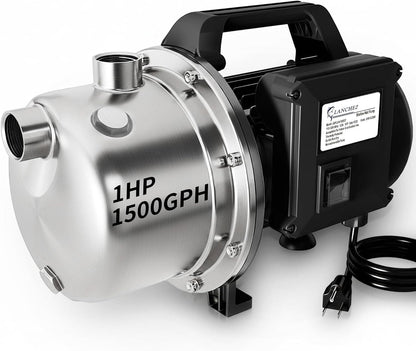 LANCHEZ 1.6 HP Shallow Well Pump, 1500 GPH Stainless Steel Water Transfer Pump, 115V Garden Irrigation Pump, Water Booster Jet Pump for Home Garden Lawn Farm, Silver