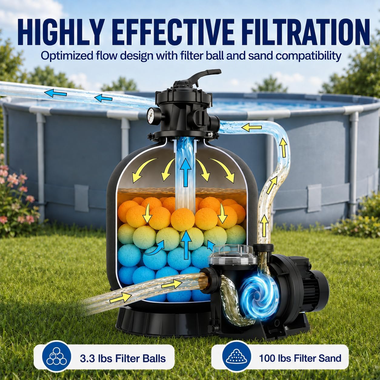 LANCHEZ Sand Filter with Pool Pump, Above Ground Pool Pump, 7-Way Valve Sand Filter Pump System, 16"(4,900GPH)