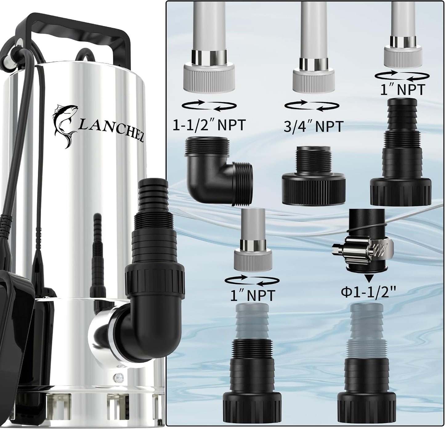 LANCHEZ Sump Pump, 1.6HP High Flow Submersible Water Pump with Float Switch, 6000GPH Automatic Transfer Utility Pump Pump for Swimming Pool Basement Flooded Pit Sewage Sink Tub, Stainless Steel Large