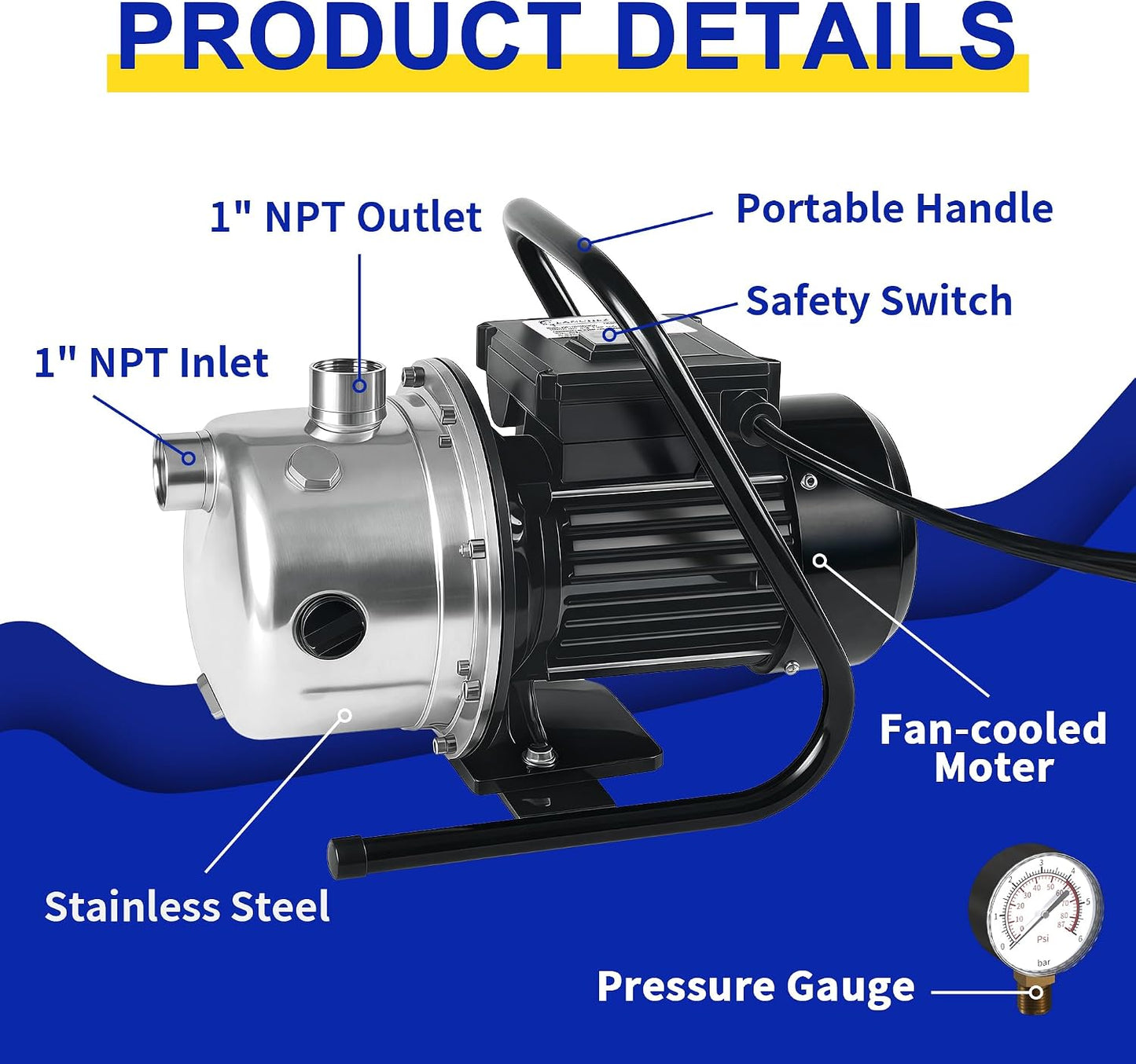 LANCHEZ 1.6 HP Shallow Well Pump, 1500 GPH Stainless Steel Water Transfer Pump, 115V Garden Irrigation Pump, Water Booster Jet Pump for Home Garden Lawn Farm, Silver