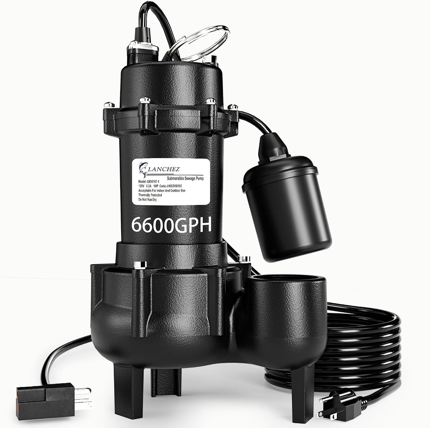 LANCHEZ 1HP 6600 GPH Submersible Sewage Pump, Heavy Duty Cast Iron Effluent Pump with Automatic Tethered Float Switch, Sump Pump for Sump Basin, Basement, Residential, 2" NPT Discharge