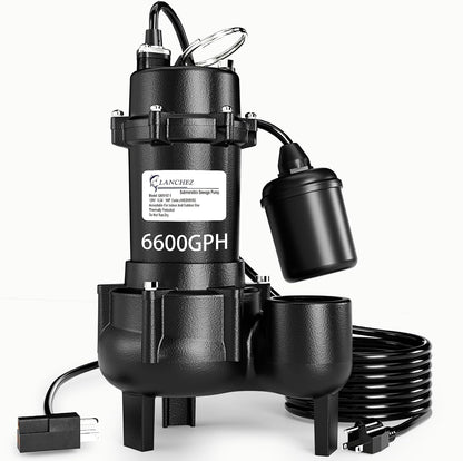 LANCHEZ 1HP 6600 GPH Submersible Sewage Pump, Heavy Duty Cast Iron Effluent Pump with Automatic Tethered Float Switch, Sump Pump for Sump Basin, Basement, Residential, 2" NPT Discharge