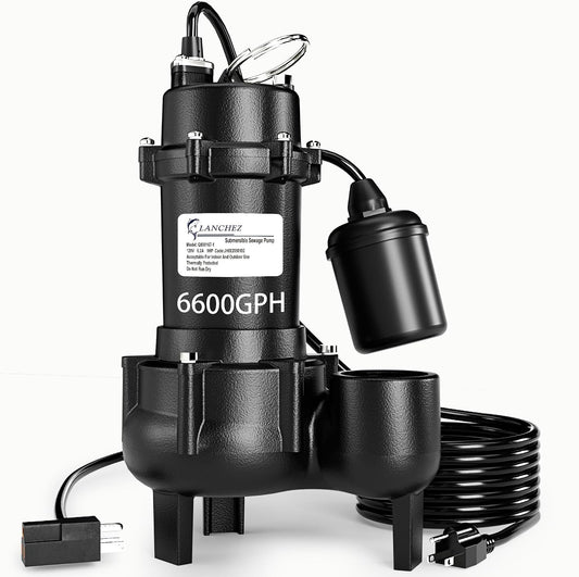 LANCHEZ 1HP 6600 GPH Submersible Sewage Pump, Heavy Duty Cast Iron Effluent Pump with Automatic Tethered Float Switch, Sump Pump for Sump Basin, Basement, Residential, 2" NPT Discharge