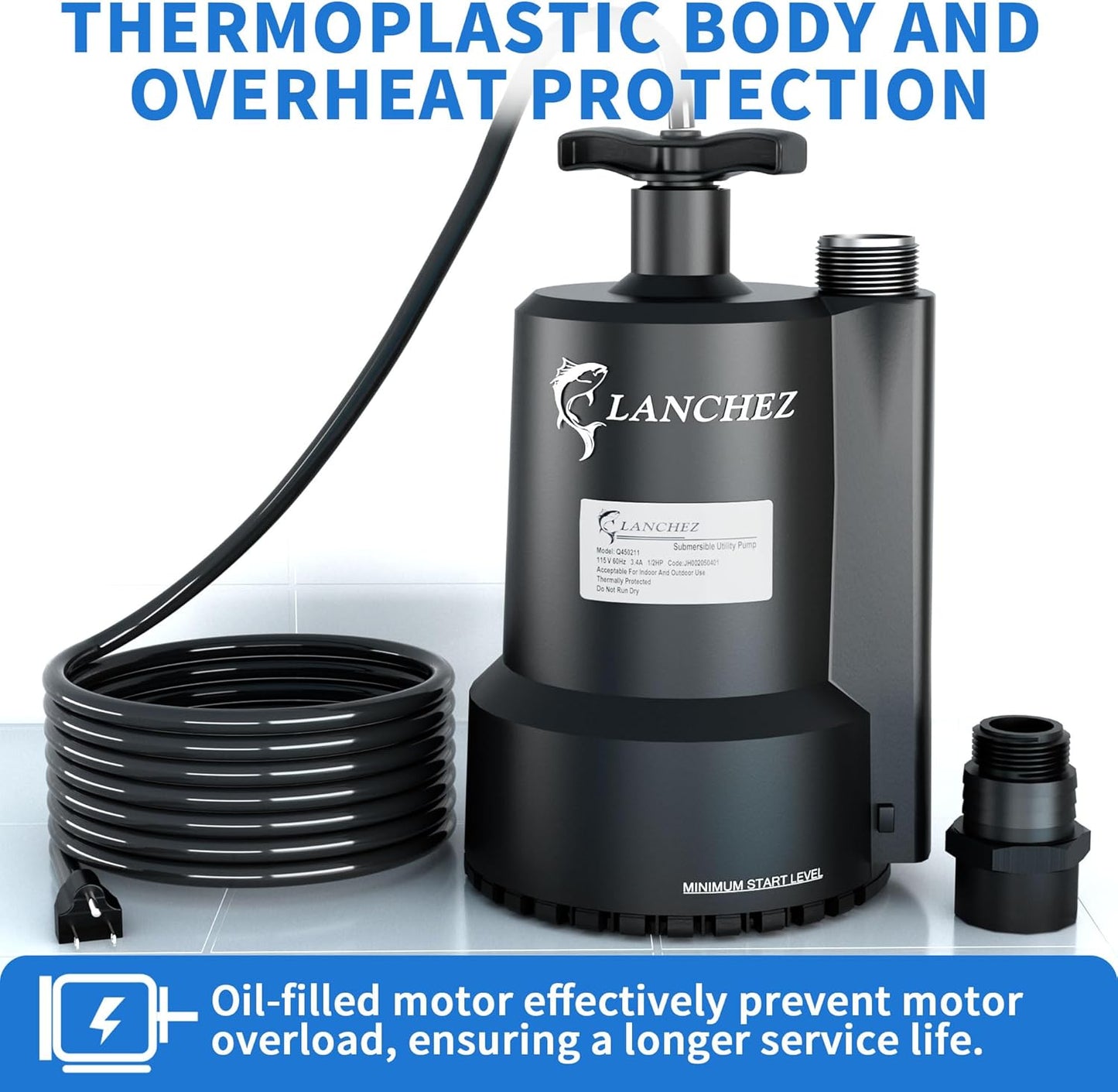 Lanchez Sump Pump, 1/2 HP 2450GPH Submersible Water Pump, Utility Pump Thermoplastic Portable Electric Transfer Pump for Hot Tub Swimming Pool Basement Garden Pond Tubs Draining with 10FT Cord