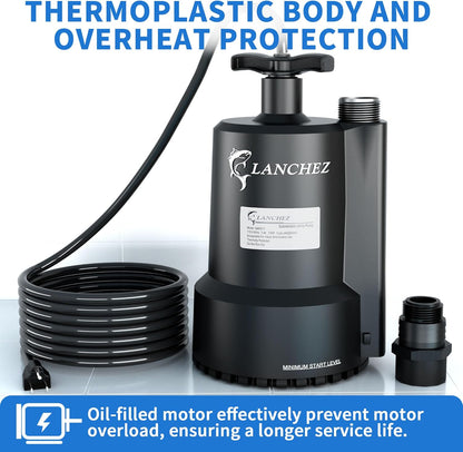 Lanchez Sump Pump, 1/2 HP 2450GPH Submersible Water Pump, Utility Pump Thermoplastic Portable Electric Transfer Pump for Hot Tub Swimming Pool Basement Garden Pond Tubs Draining with 10FT Cord
