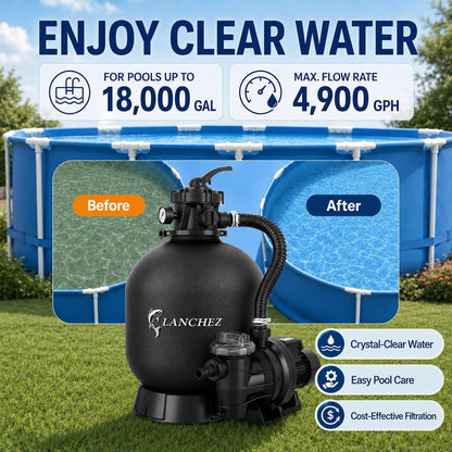 LANCHEZ Sand Filter with Pool Pump, Above Ground Pool Pump, 7-Way Valve Sand Filter Pump System, 16"(4,900GPH)