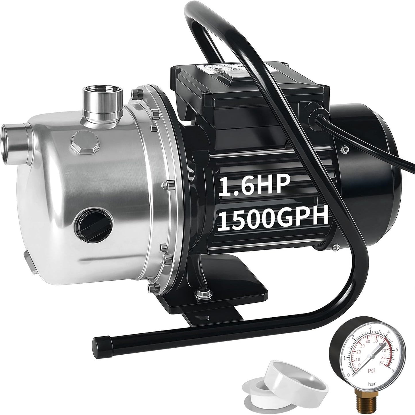 LANCHEZ 1.6 HP Shallow Well Pump, 1500 GPH Stainless Steel Water Transfer Pump, 115V Garden Irrigation Pump, Water Booster Jet Pump for Home Garden Lawn Farm, Silver