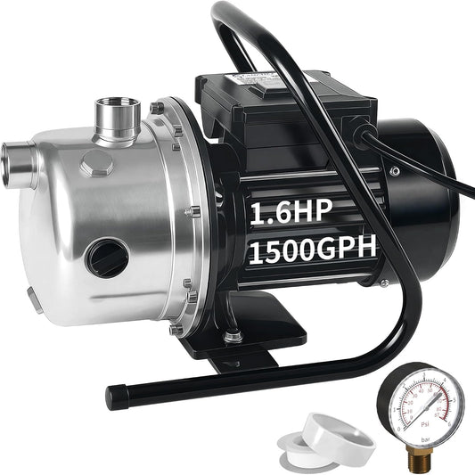 LANCHEZ 1.6 HP Shallow Well Pump, 1500 GPH Stainless Steel Water Transfer Pump, 115V Garden Irrigation Pump, Water Booster Jet Pump for Home Garden Lawn Farm, Silver