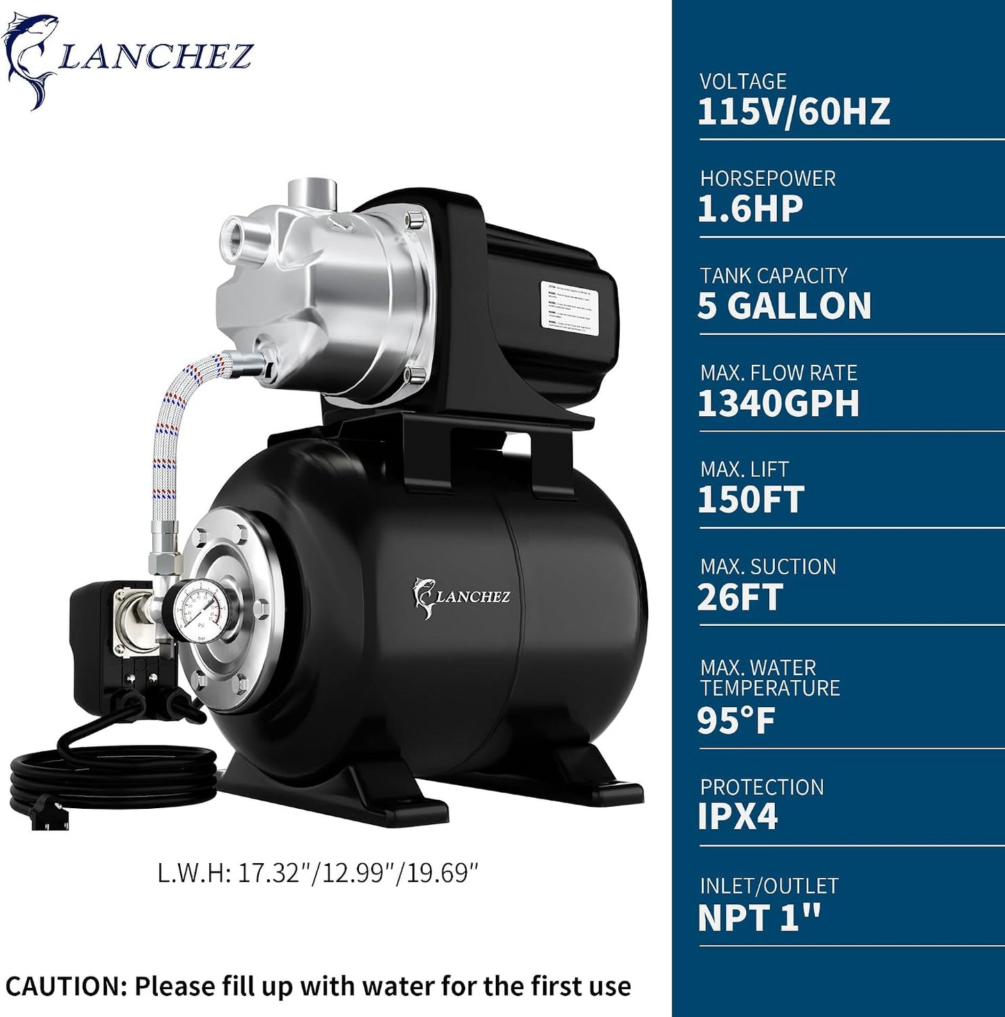 Lanchez 1.6HP Shallow Well Garden Pump, Stainless Steel Irrigation Pump, 1340 GPH, Automatic Water Booster Jet Pump for Home, Garden, Lawn,Irrigation, 115V, Glossy black