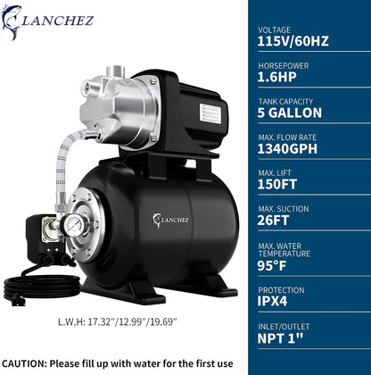 Lanchez 1.6HP Shallow Well Garden Pump, Stainless Steel Irrigation Pump, 1340 GPH, Automatic Water Booster Jet Pump for Home, Garden, Lawn,Irrigation, 115V, Glossy black